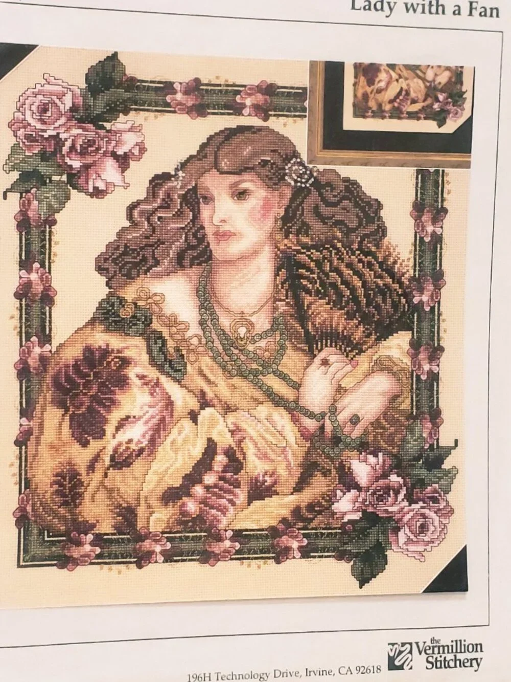 Lady with a Fan Pink Roses Cross Stitch Pattern Vermillion Stitchery
